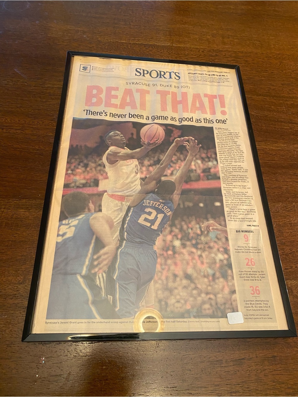 2014 Syracuse Orange Beat Duke 91-89 OT Framed Post-Standard Sports Jerami Grant